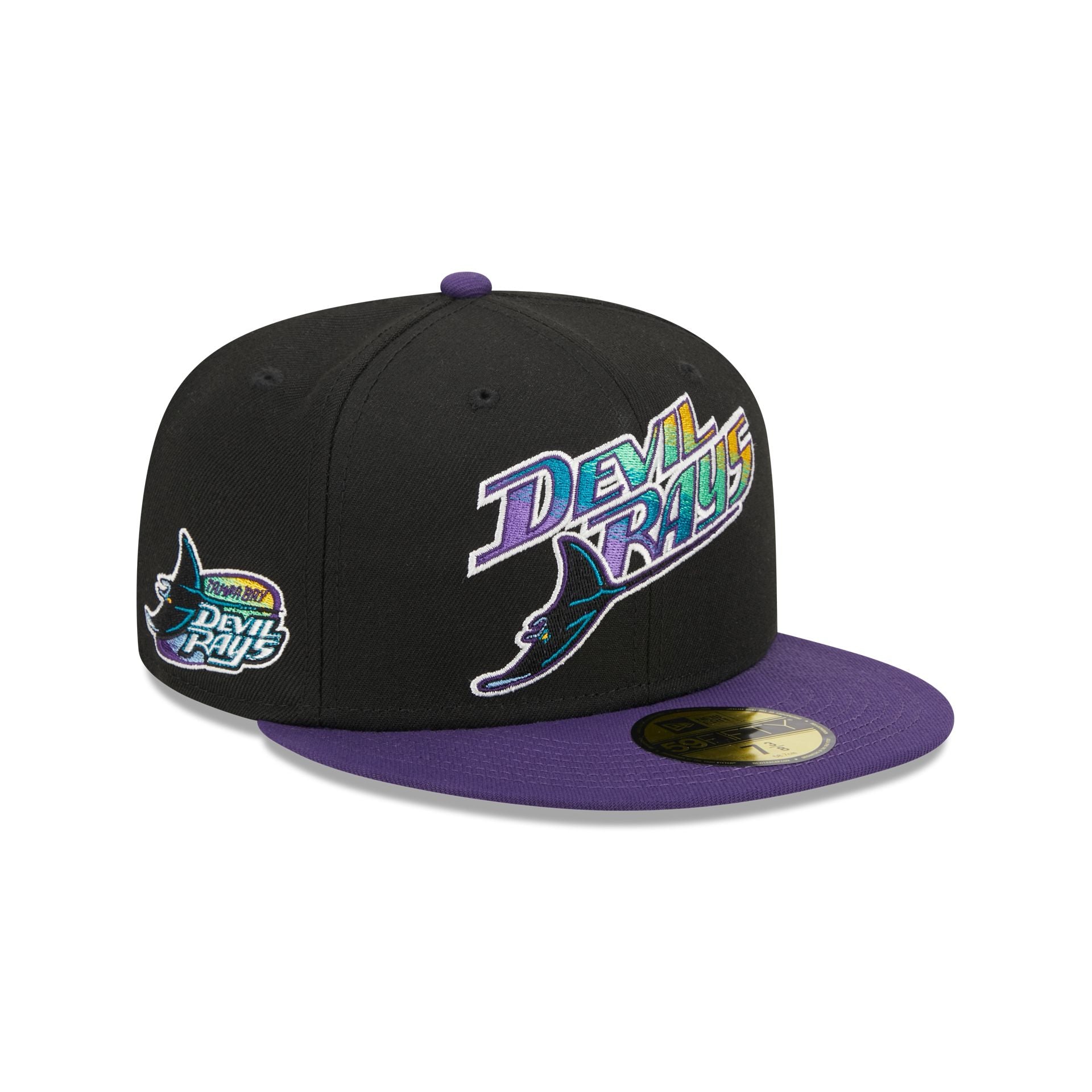 New Era Cap 59FIFTY Tampa Bay Devil Rays Retro Script OG Rays Side Patch Green Under Visor 7 5/8 / Black/Purple/Green