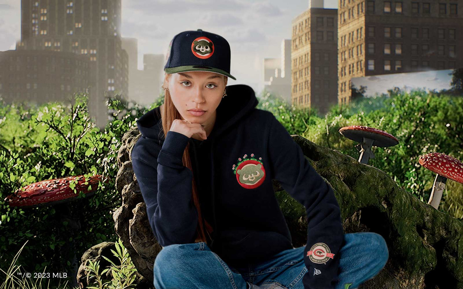 Model wearing Sprouted Collection 59FIFTY and Hoodie