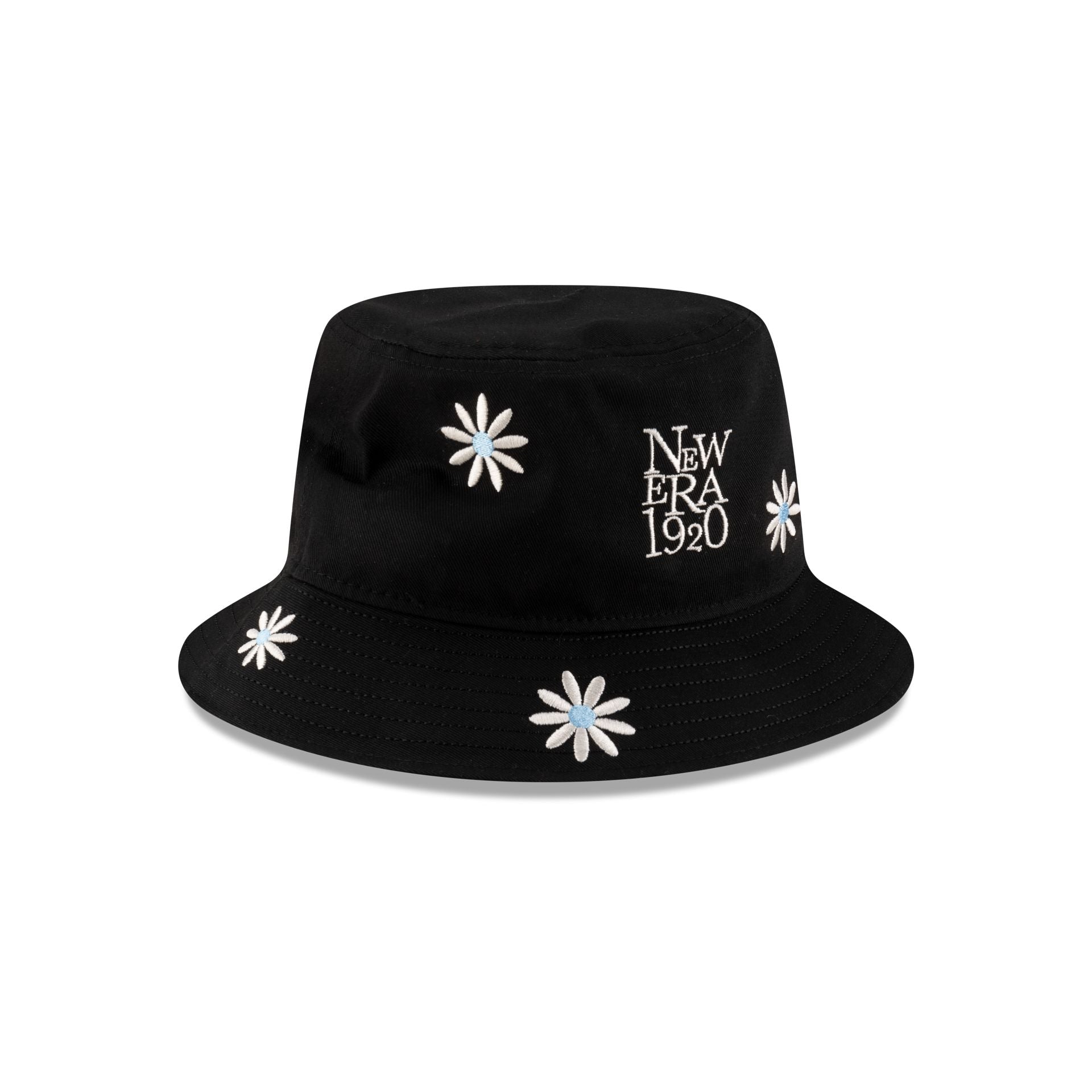 New Era Cap Flower Embroidery Black Denim Bucket Hat