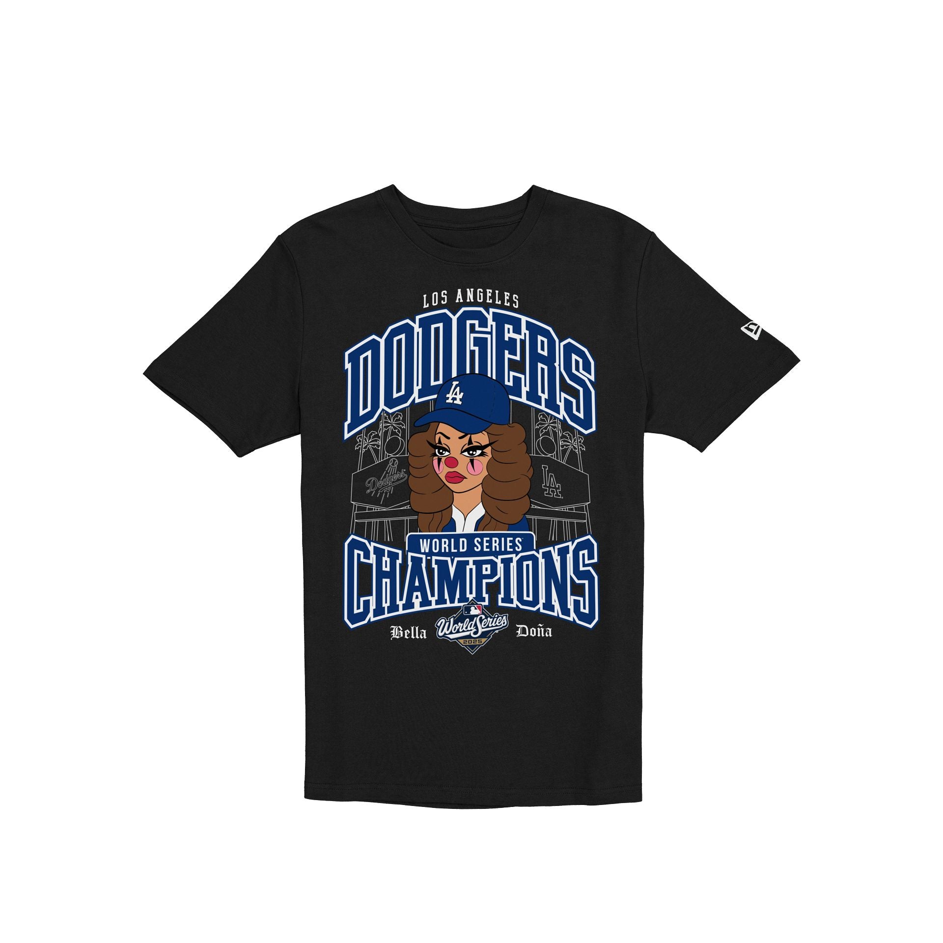 Bella Doña x Los Angeles Dodgers 2025 World Series Champions Character Black T-Shirt