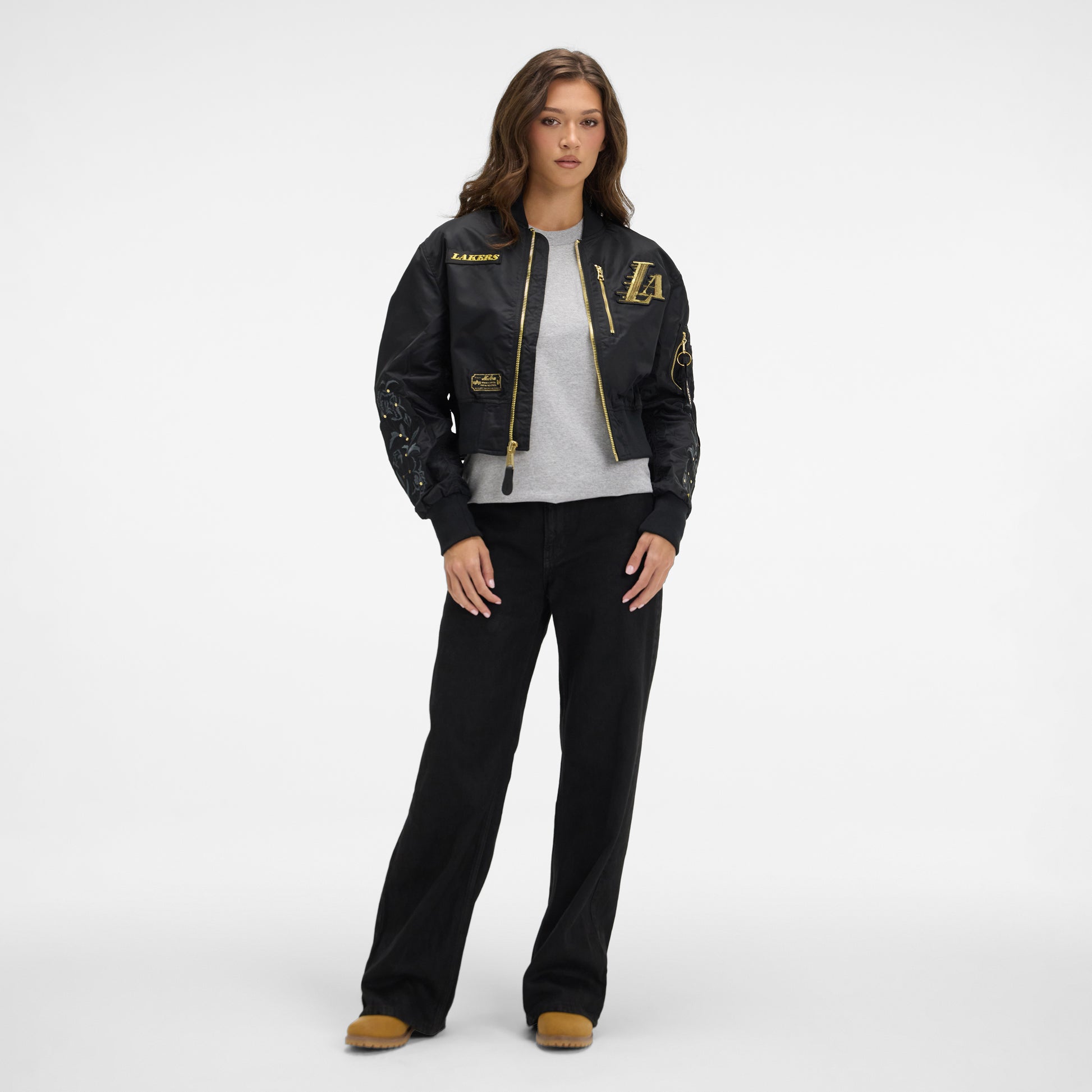 Alpha Industries x Los Angeles Lakers Black and Gold Women's Cropped L-2B Bomber Jacket