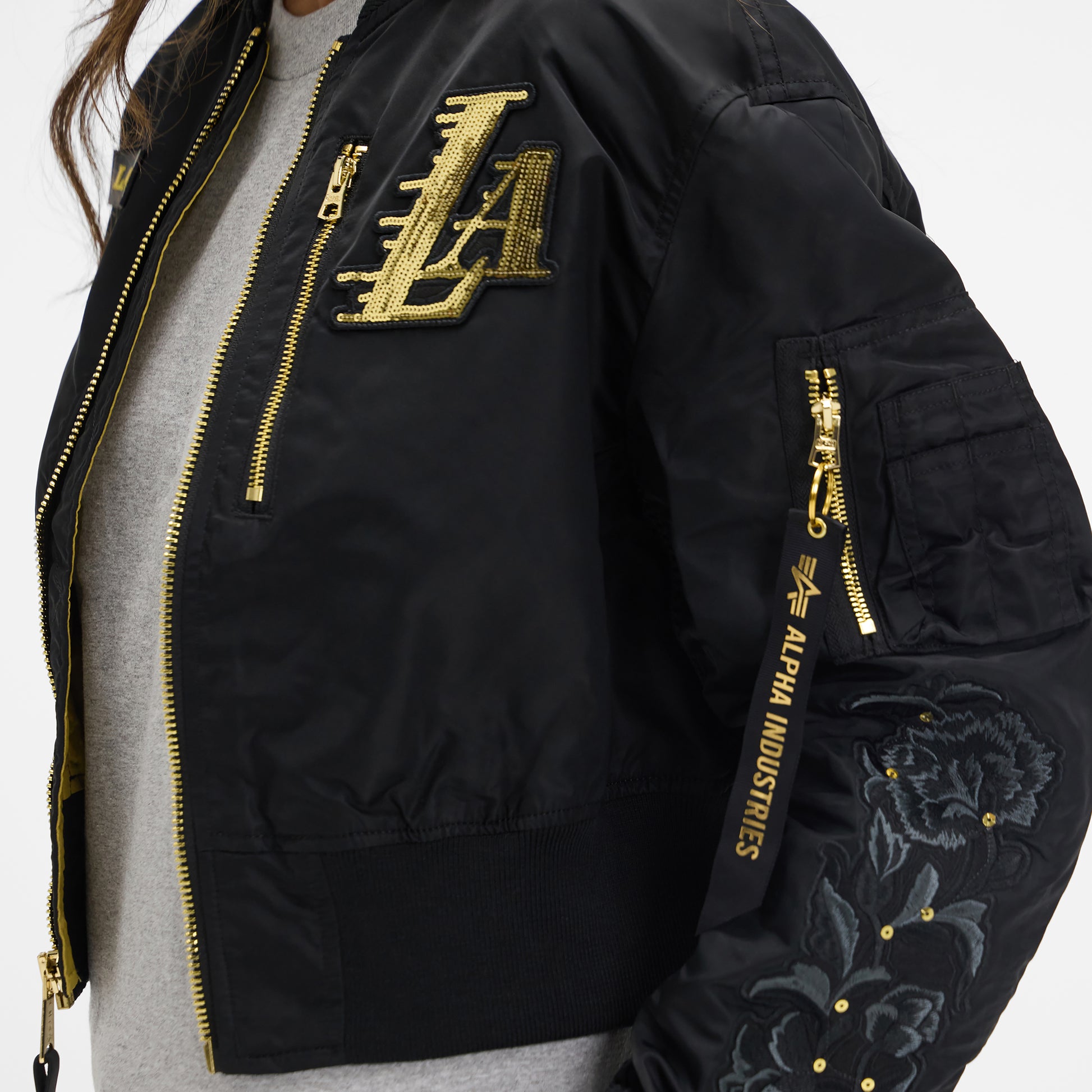 Alpha Industries x Los Angeles Lakers Black and Gold Women's Cropped L-2B Bomber Jacket