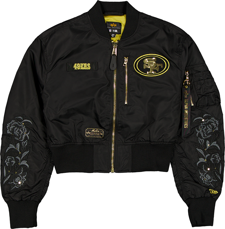 Alpha Industries x San Francisco 49ers Black and Gold Women's Cropped L-2B Bomber Jacket