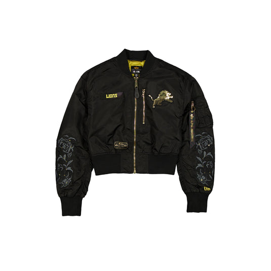 Alpha Industries x Detroit Lions Black and Gold Women's Cropped L-2B Bomber Jacket - New Era Cap