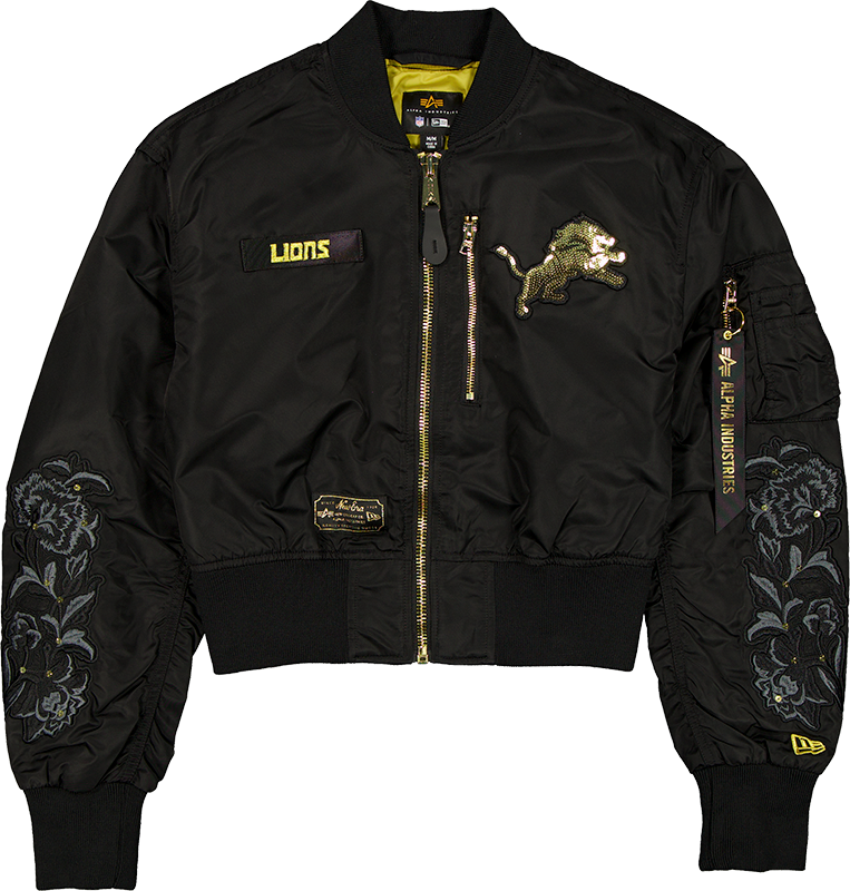 Alpha Industries x Detroit Lions Black and Gold Women's Cropped L-2B Bomber Jacket