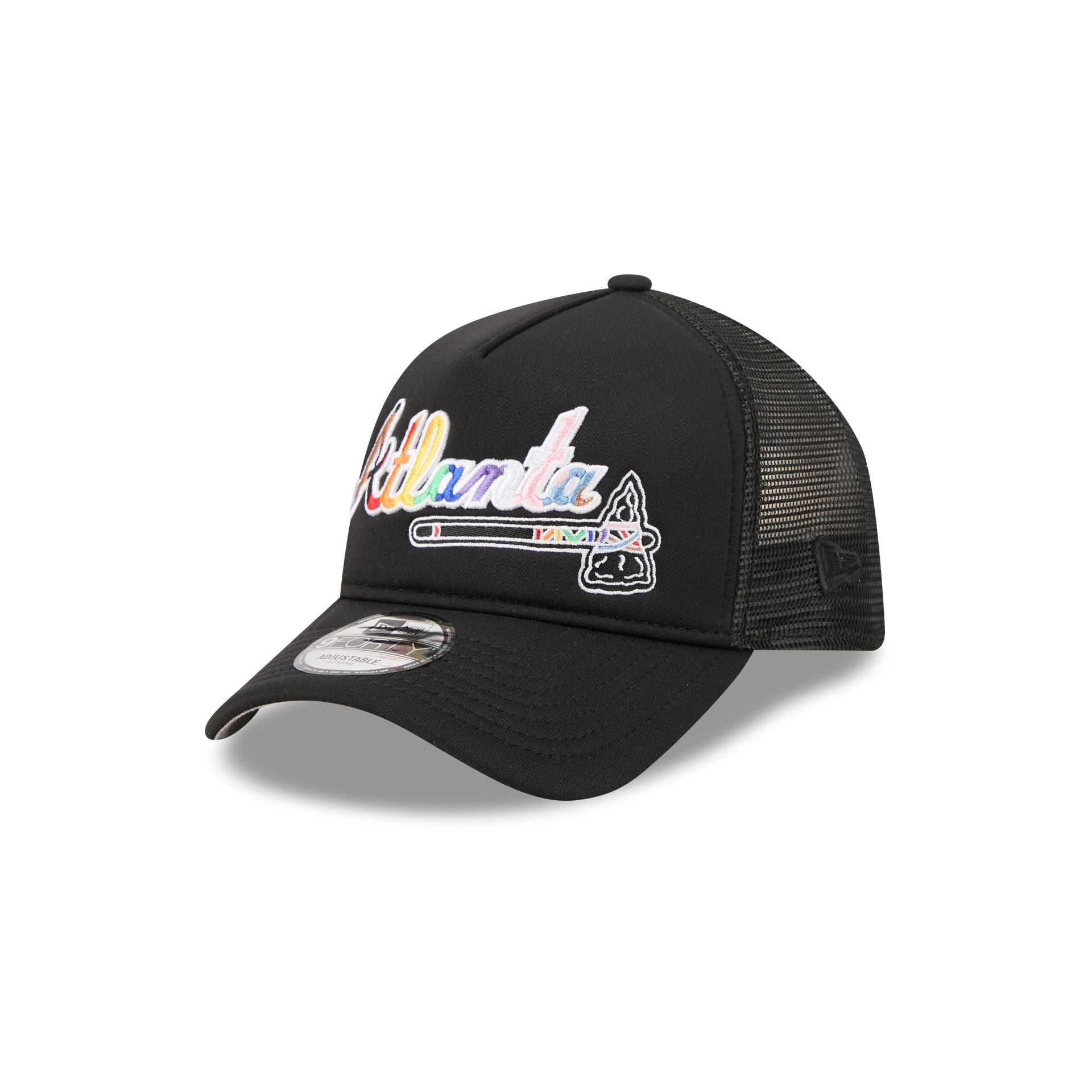 Atlanta Braves Rainbow Wordmark 9FORTY A-Frame Trucker Hat
