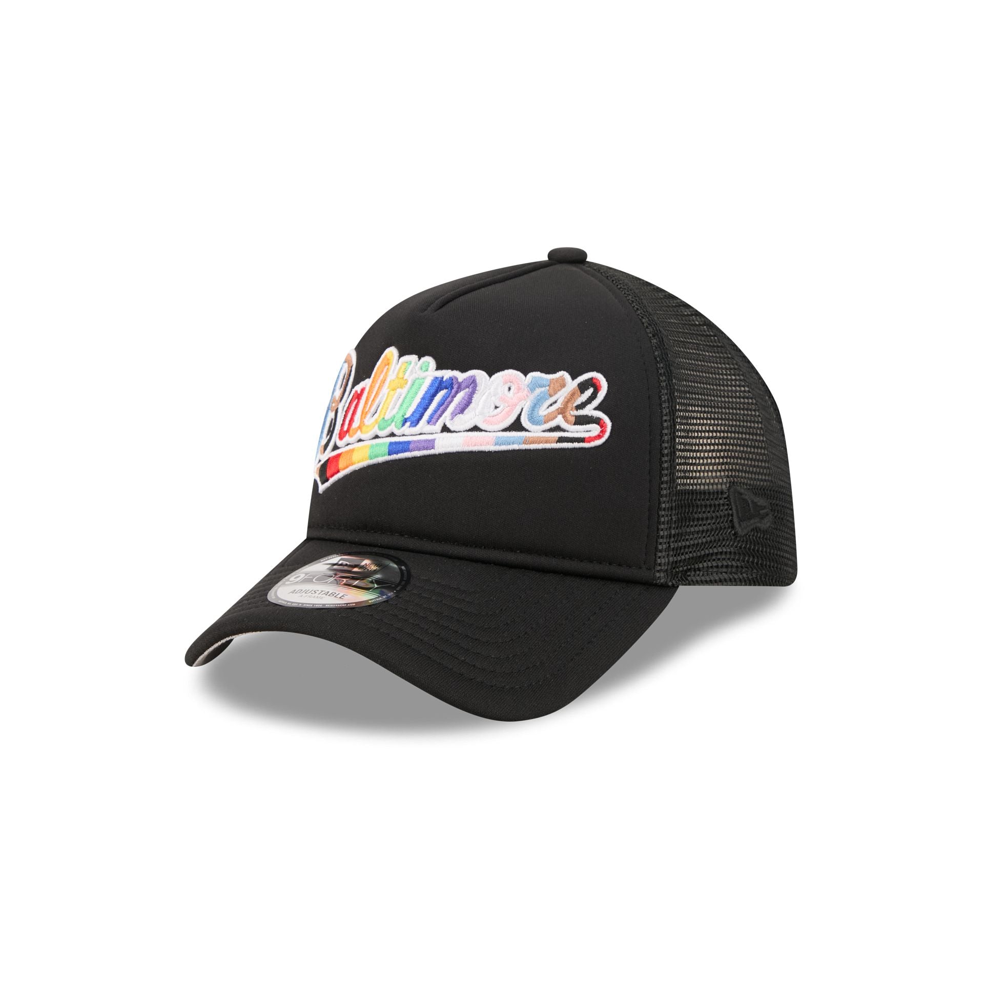 Baltimore Orioles Rainbow Wordmark 9FORTY A-Frame Trucker Hat