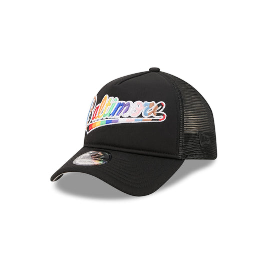 Baltimore Orioles Rainbow Wordmark 9FORTY A-Frame Trucker Hat - New Era Cap