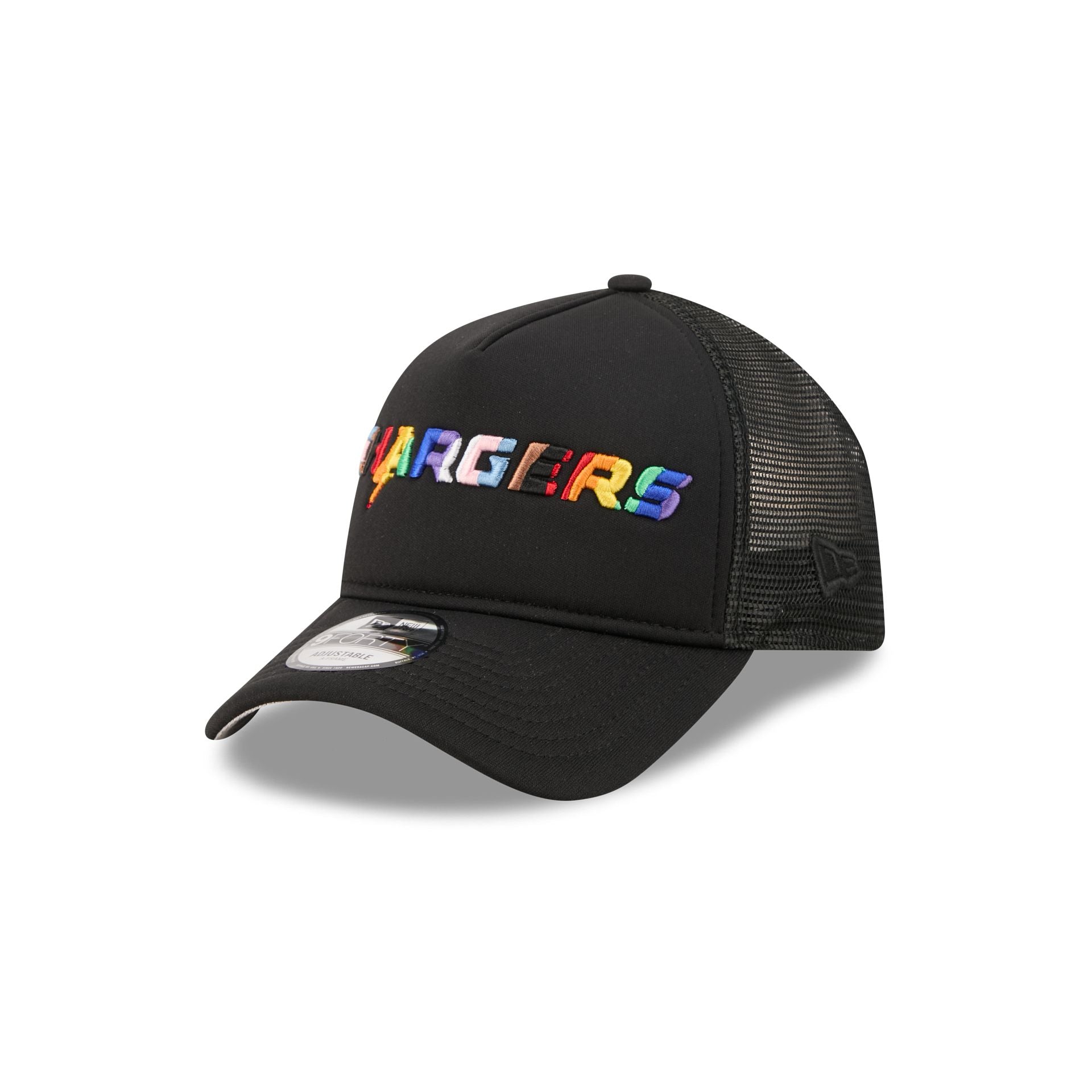 Los Angeles Chargers Rainbow Wordmark 9FORTY A-Frame Trucker Hat