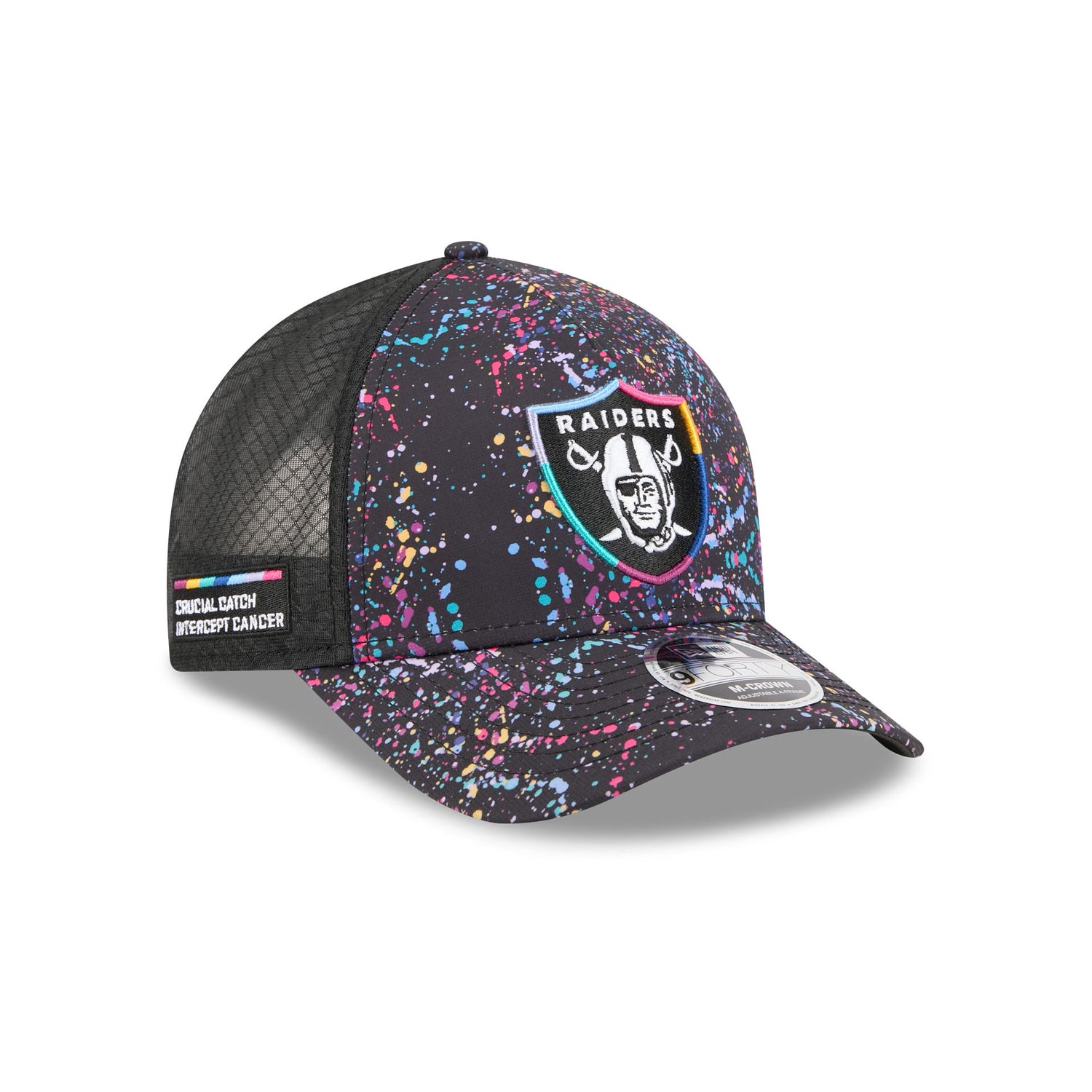 Las Vegas Raiders 2025 Crucial Catch 9FORTY M-Crown A-Frame Trucker Hat