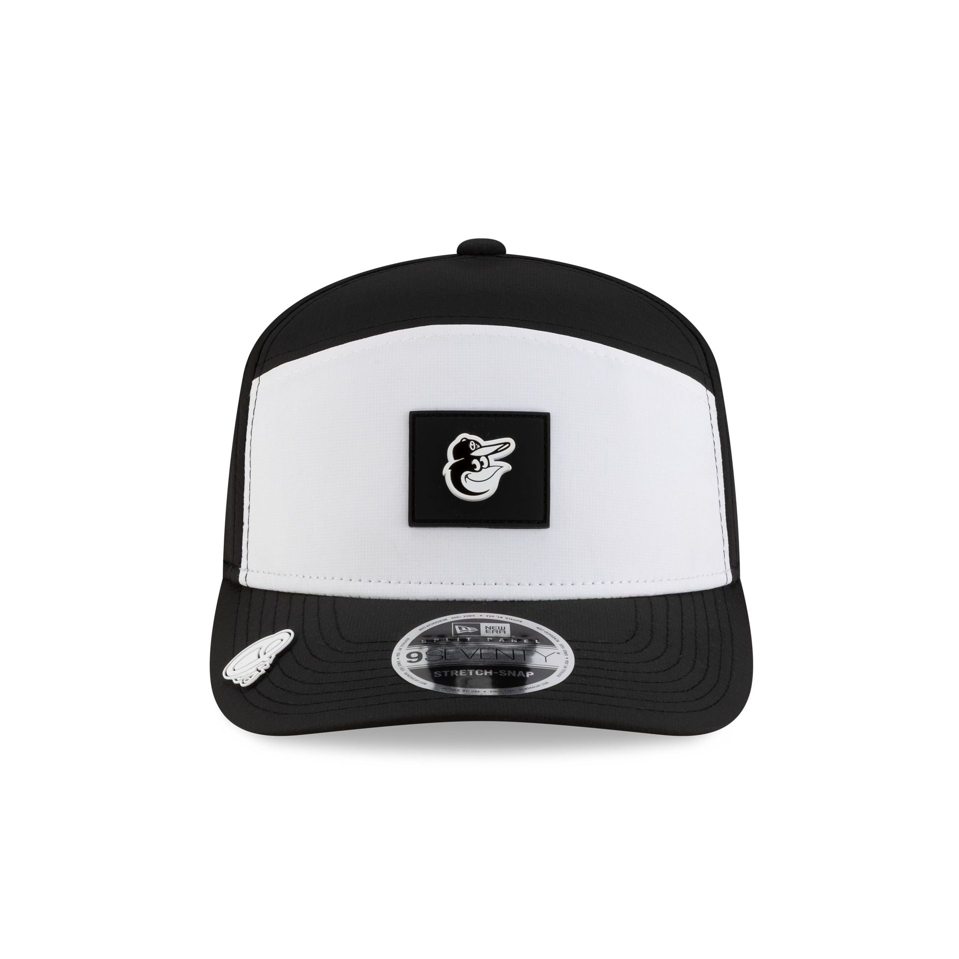 Baltimore Orioles 2026 Clubhouse Black & White Split Panel 9SEVENTY Stretch-Snap Hat