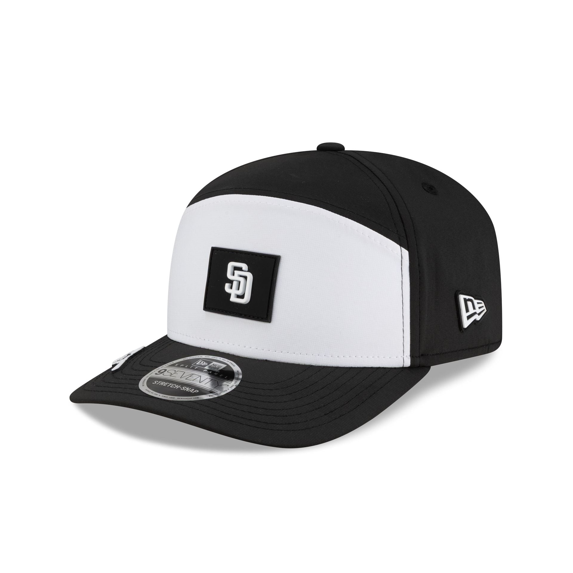 San Diego Padres 2026 Clubhouse Black & White Split Panel 9SEVENTY Stretch-Snap Hat