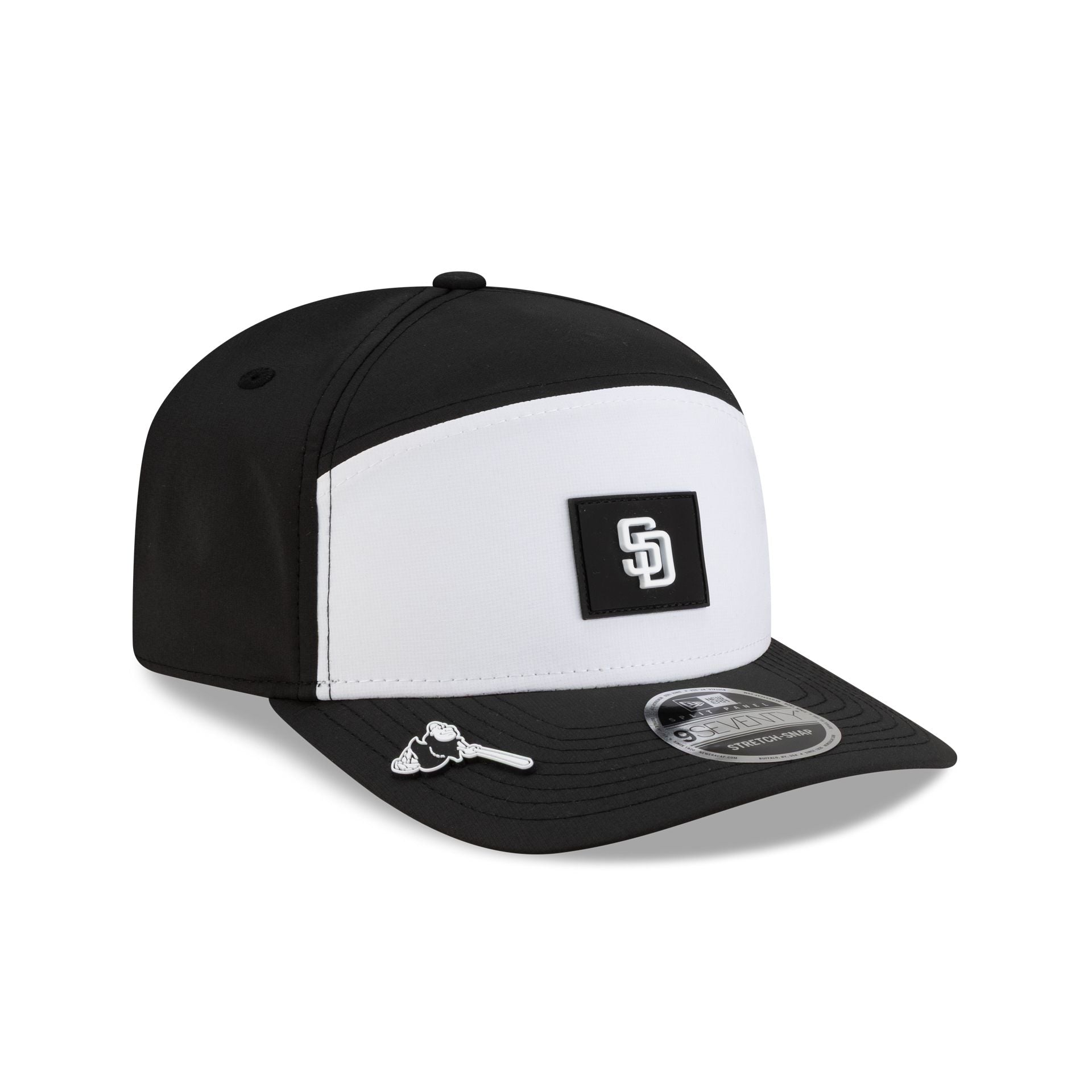 San Diego Padres 2026 Clubhouse Black & White Split Panel 9SEVENTY Stretch-Snap Hat