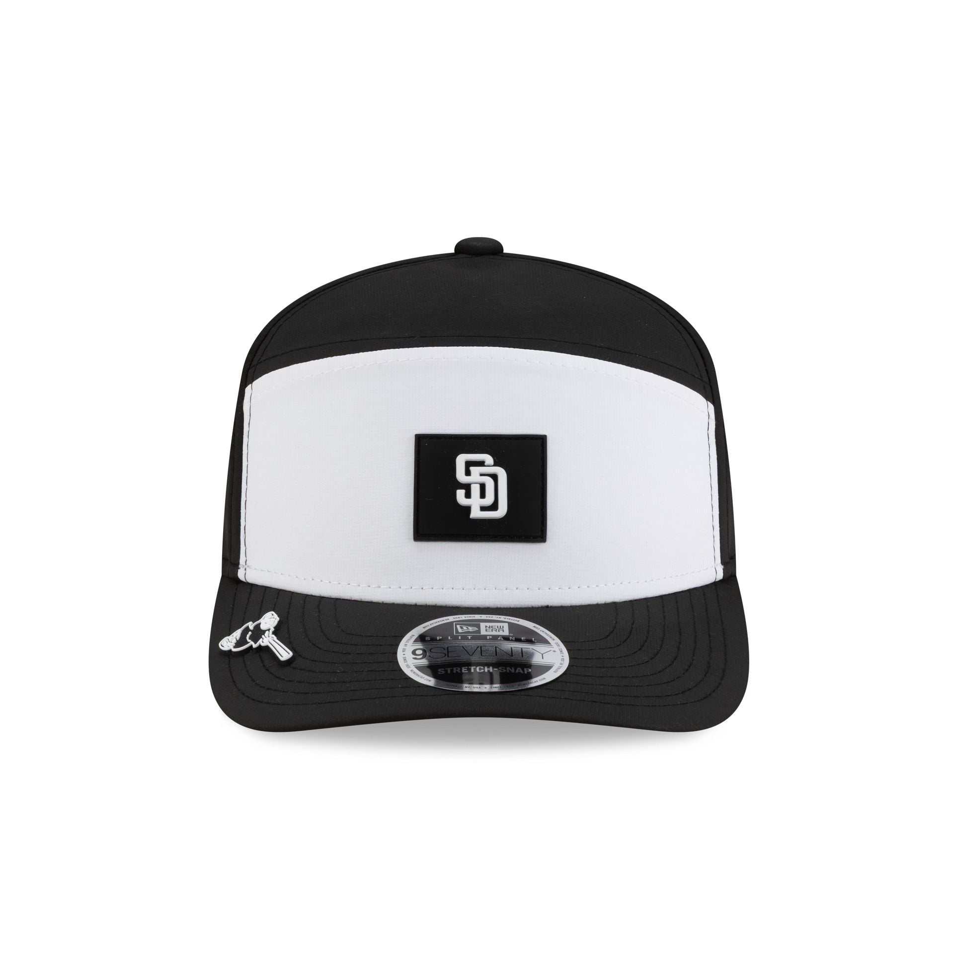 San Diego Padres 2026 Clubhouse Black & White Split Panel 9SEVENTY Stretch-Snap Hat
