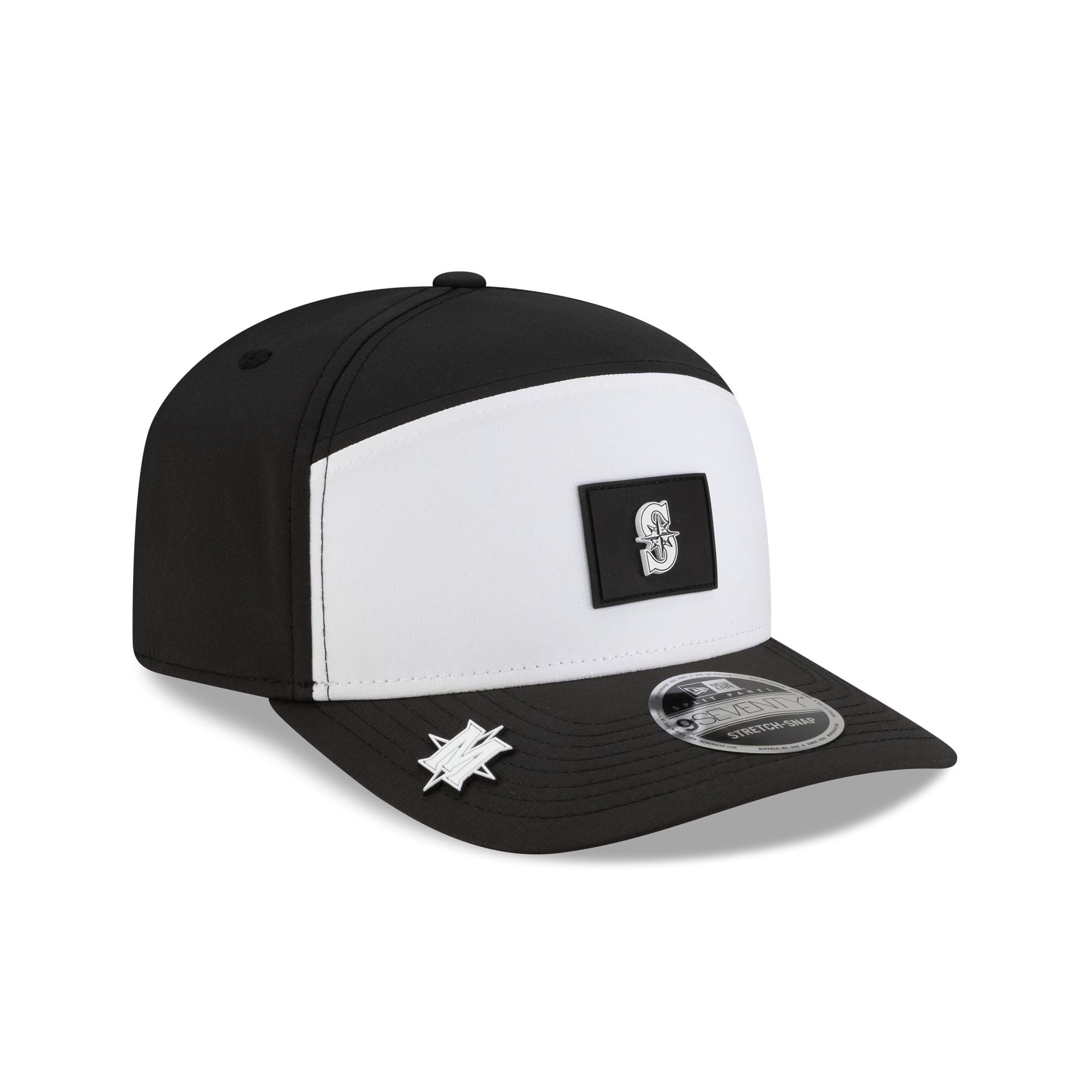 Seattle Mariners 2026 Clubhouse Black & White Split Panel 9SEVENTY Stretch-Snap Hat