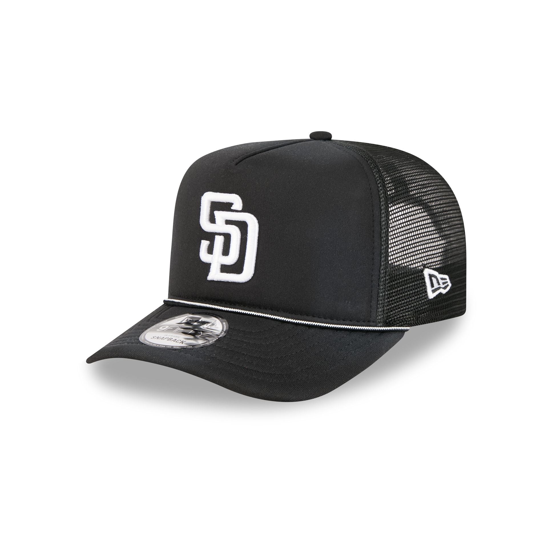 San Diego Padres Washed Black 9FIFTY A-Frame Trucker Hat