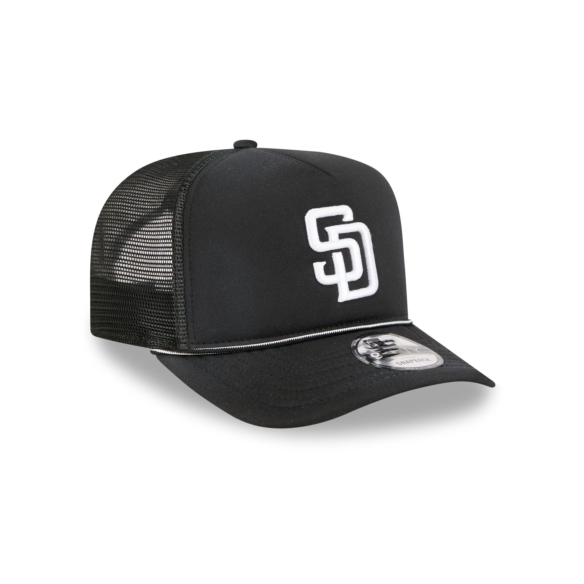 San Diego Padres Washed Black 9FIFTY A-Frame Trucker Hat
