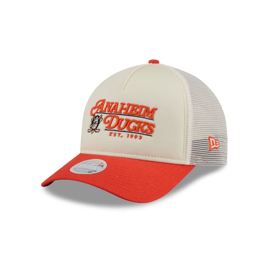 Anaheim Ducks Retro Chrome Women's White 9FORTY M-Crown A-Frame Trucker Hat - New Era Cap