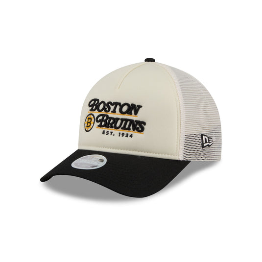 Boston Bruins Retro Chrome Women's White 9FORTY M-Crown A-Frame Trucker Hat - New Era Cap