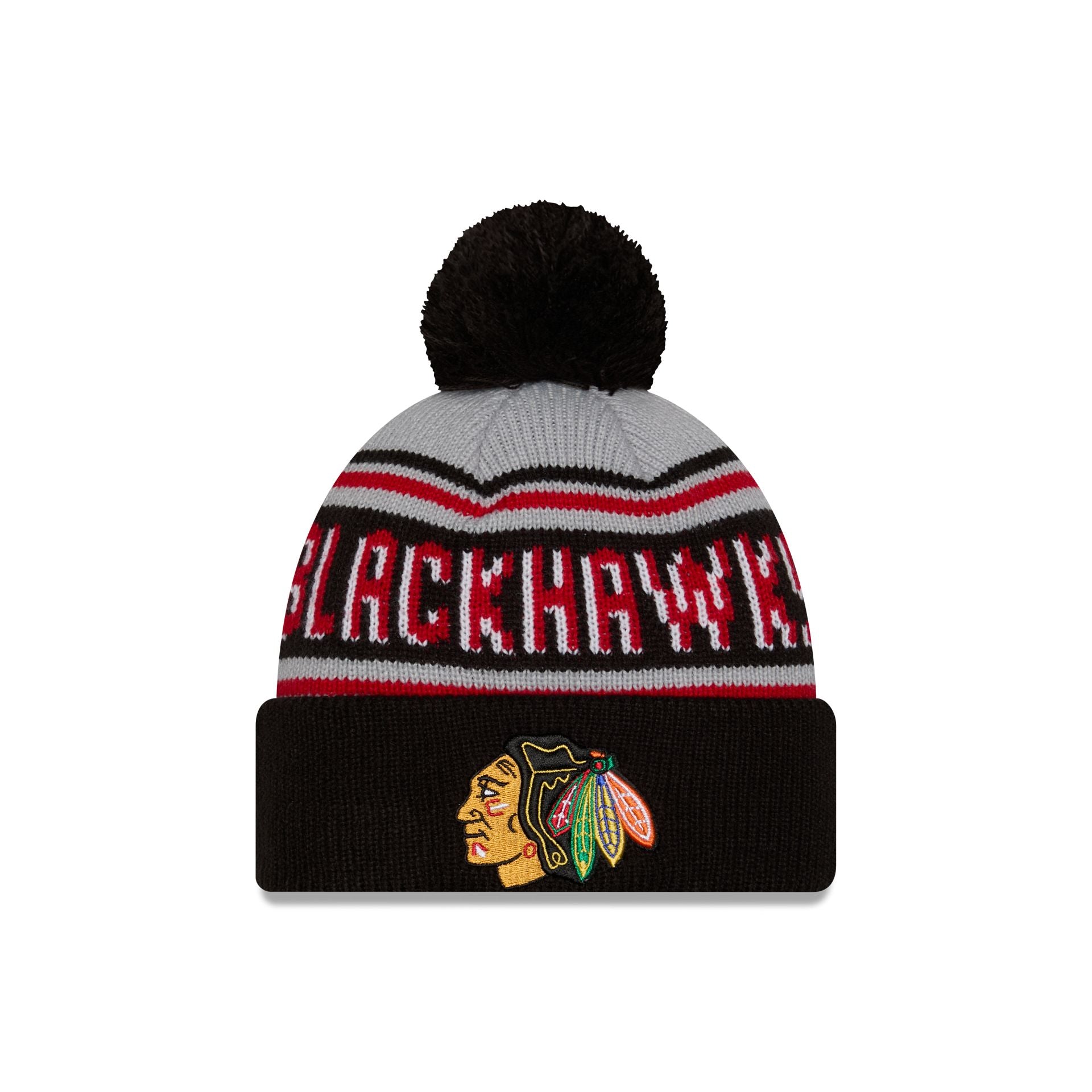 Chicago Blackhawks Stripe Wordmark Pom Knit Hat