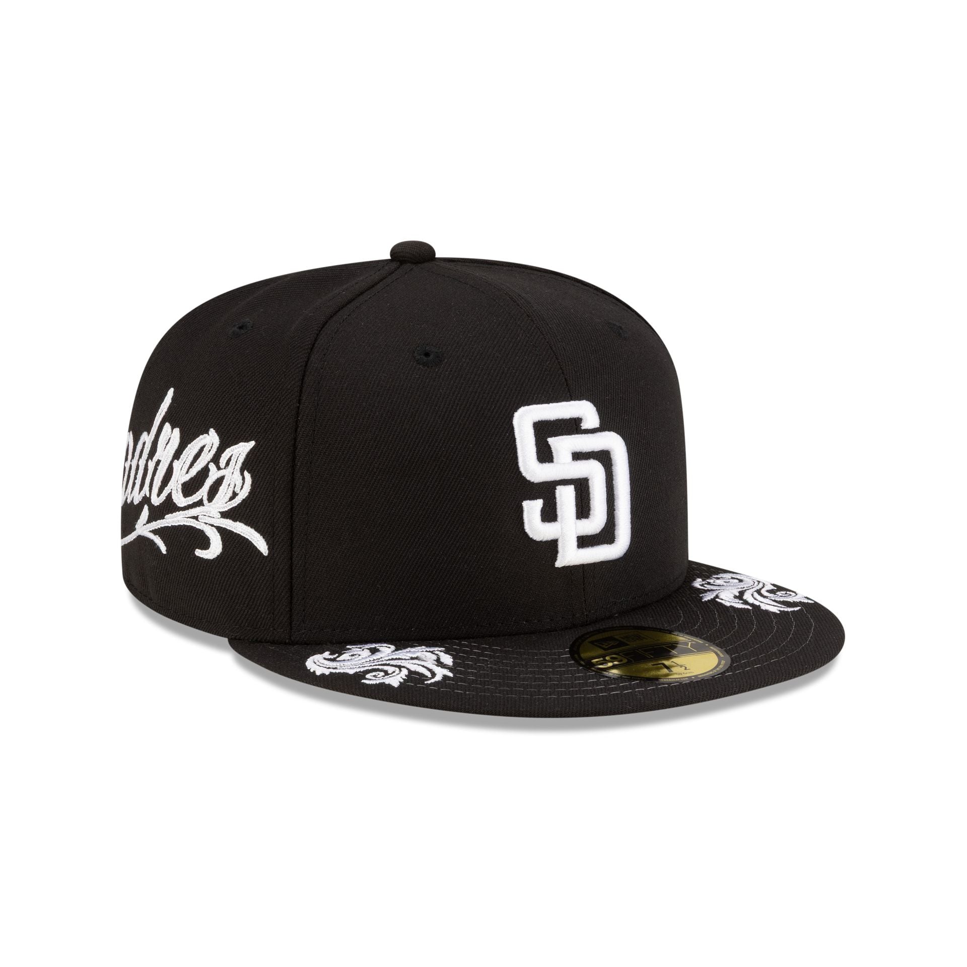 San Diego Padres Script Black and White 59FIFTY Fitted Hat
