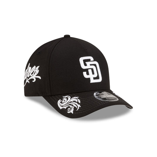 San Diego Padres Script Black and White 9FORTY M-Crown A-Frame Snapback Hat - New Era Cap