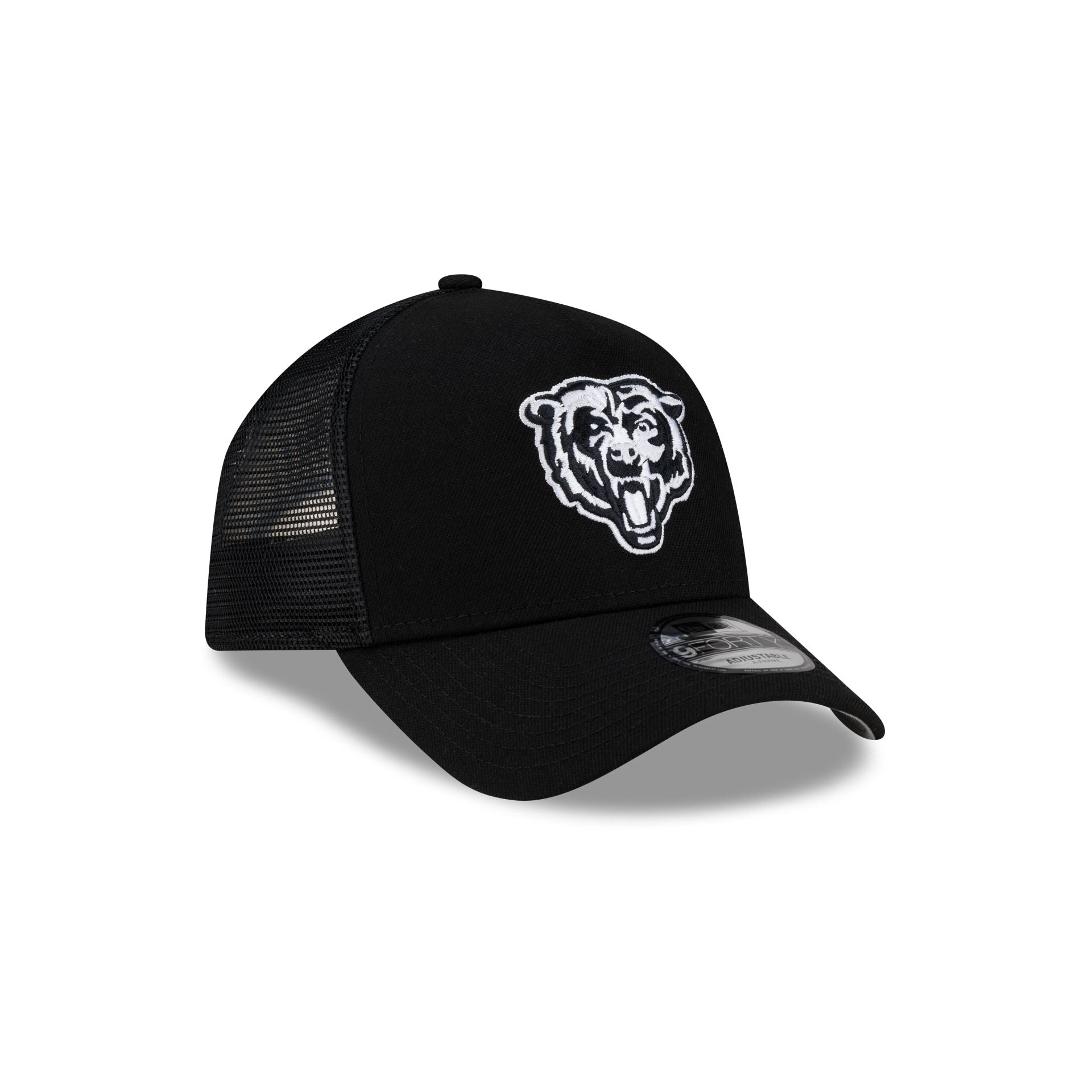 Chicago Bears Side Script Black 9FORTY A-Frame Trucker Hat