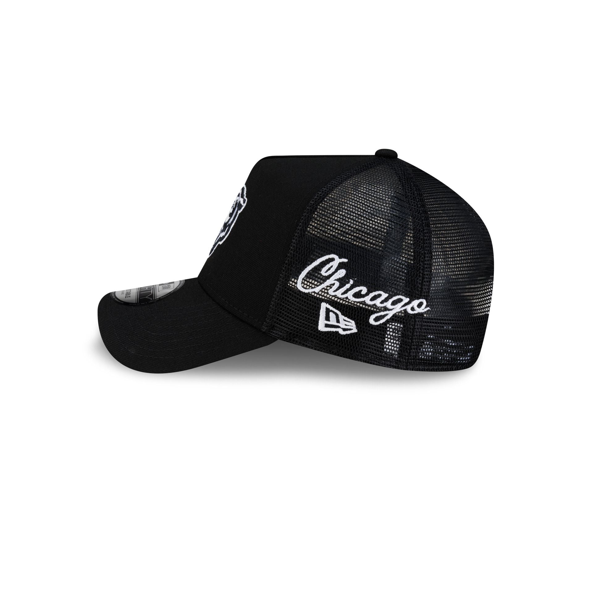 Chicago Bears Side Script Black 9FORTY A-Frame Trucker Hat