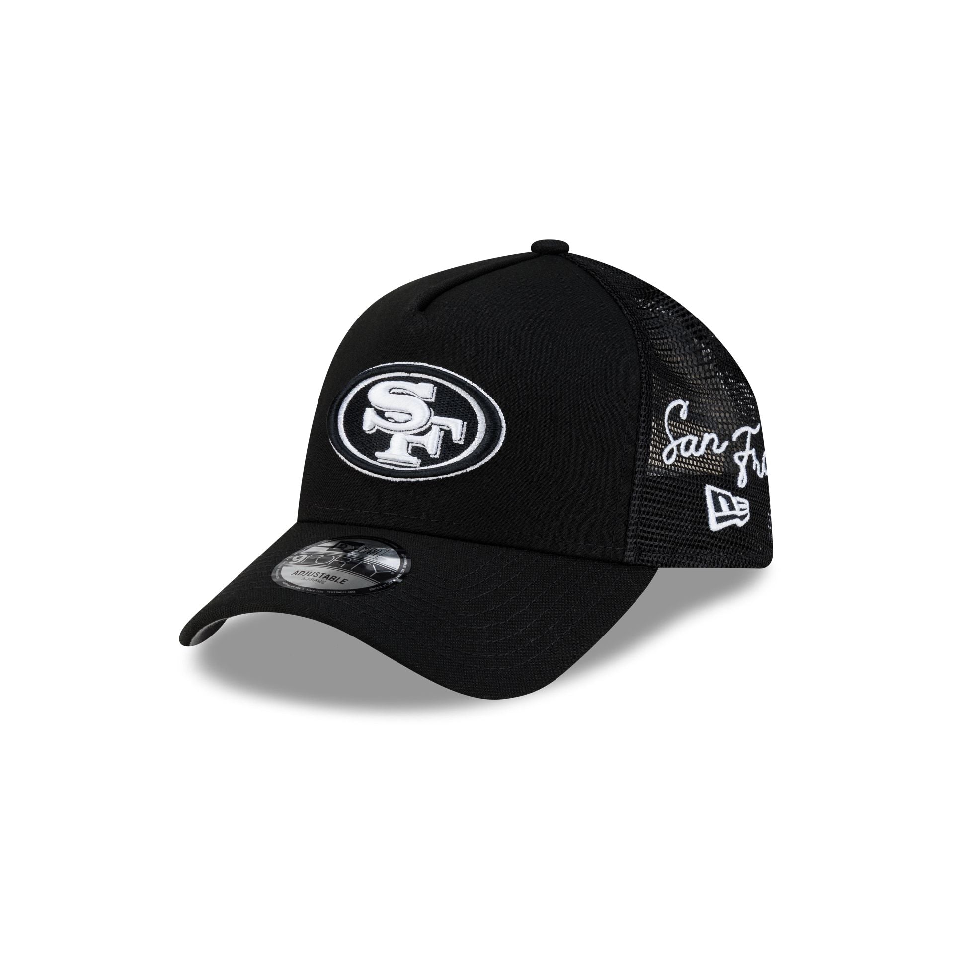 San Francisco 49ers Side Script Black 9FORTY A-Frame Trucker Hat