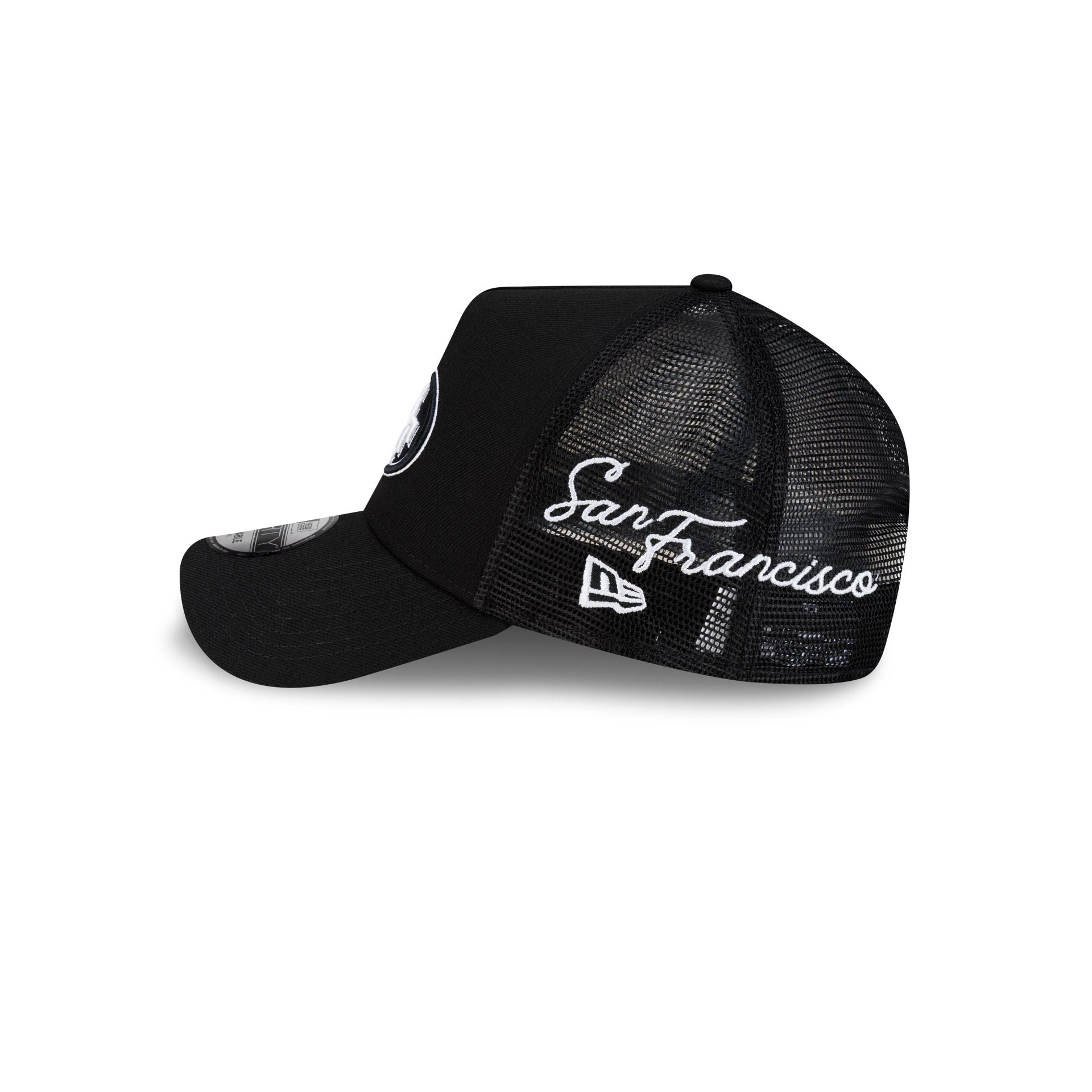 San Francisco 49ers Side Script Black 9FORTY A-Frame Trucker Hat