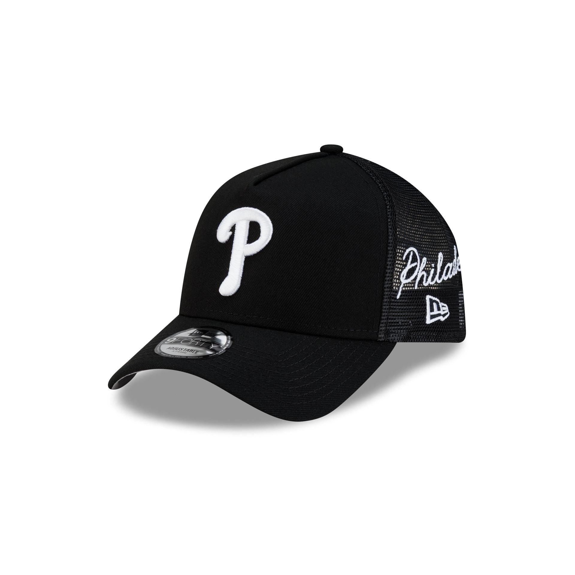 Philadelphia Phillies Side Script Black 9FORTY A-Frame Trucker Hat
