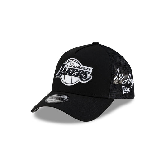 Los Angeles Lakers Side Script Black 9FORTY A-Frame Trucker Hat - New Era Cap