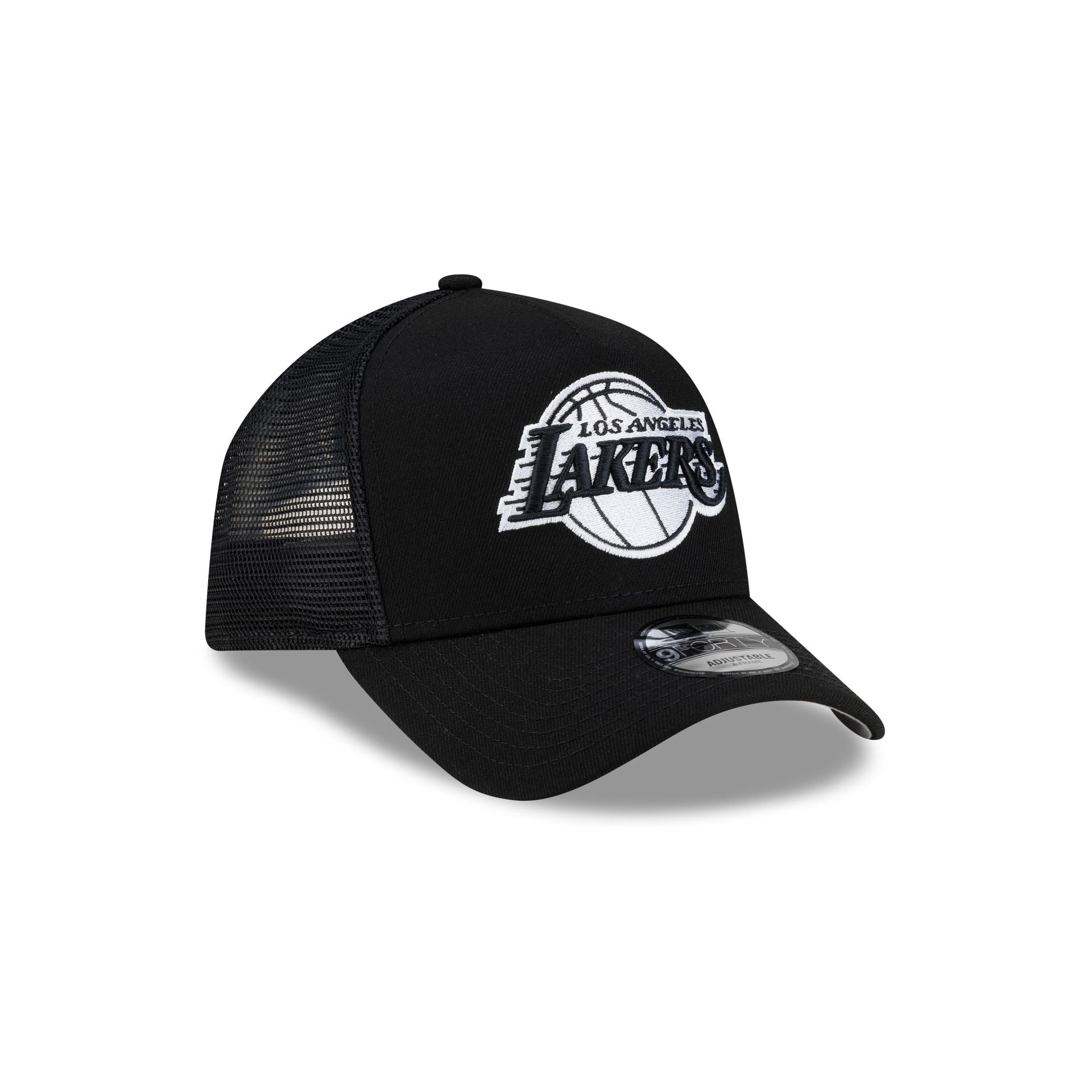 Los Angeles Lakers Side Script Black 9FORTY A-Frame Trucker Hat