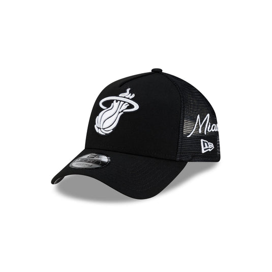 Miami Heat Side Script Black 9FORTY A-Frame Trucker Hat - New Era Cap