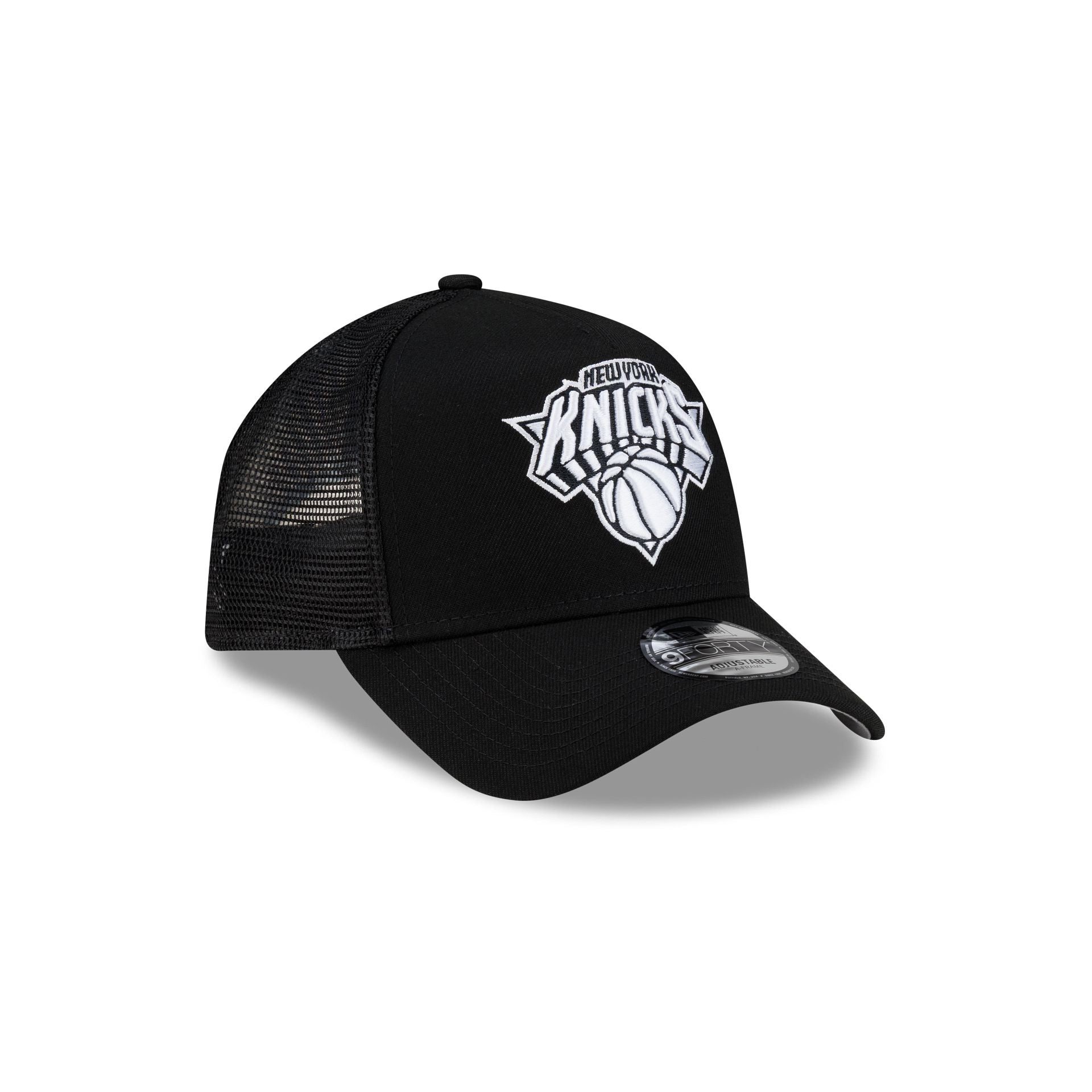 New York Knicks Side Script Black 9FORTY A-Frame Trucker Hat