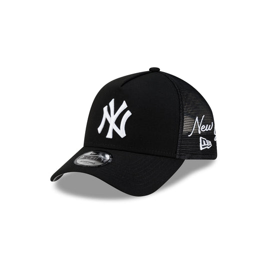 New York Yankees Side Script Black 9FORTY A-Frame Trucker Hat - New Era Cap