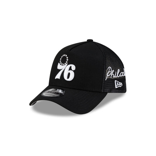 Philadelphia 76ers Side Script Black 9FORTY A-Frame Trucker Hat - New Era Cap
