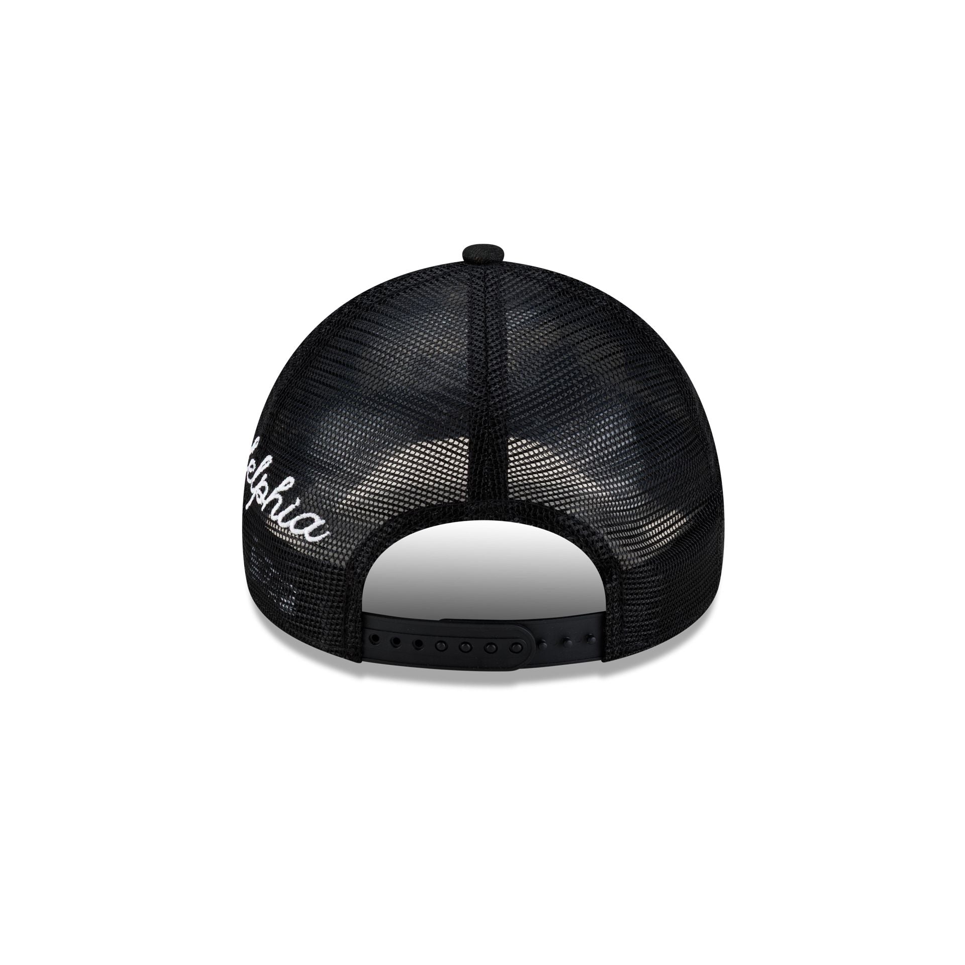 Philadelphia 76ers Side Script Black 9FORTY A-Frame Trucker Hat