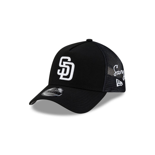 San Diego Padres Side Script Black 9FORTY A-Frame Trucker Hat - New Era Cap