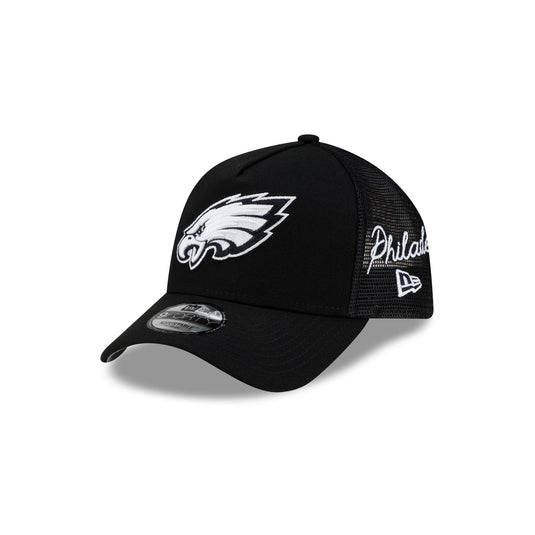 Philadelphia Eagles Side Script Black 9FORTY A-Frame Trucker Hat - New Era Cap