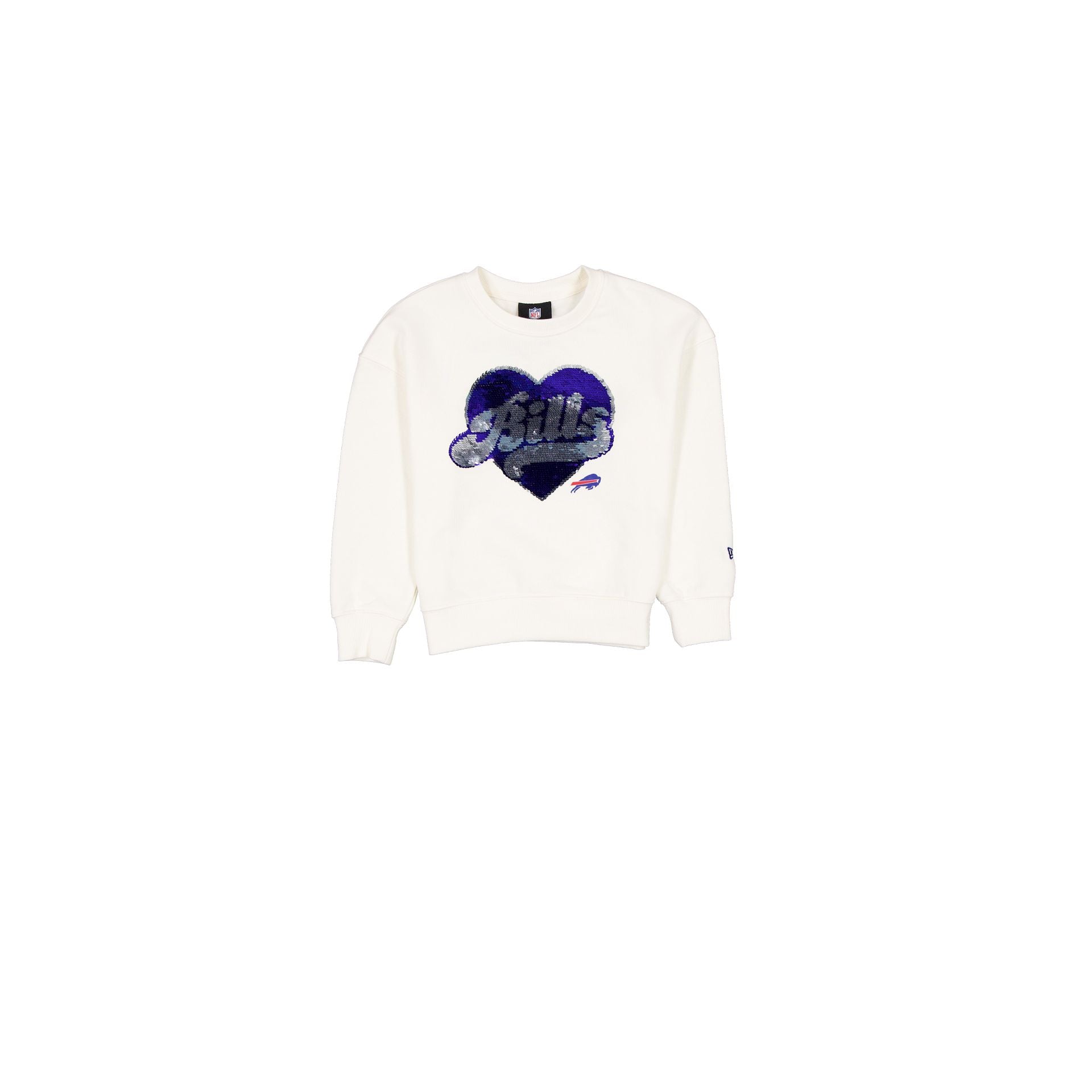 Buffalo Bills Girls Sequin Heart Chrome White Crewneck