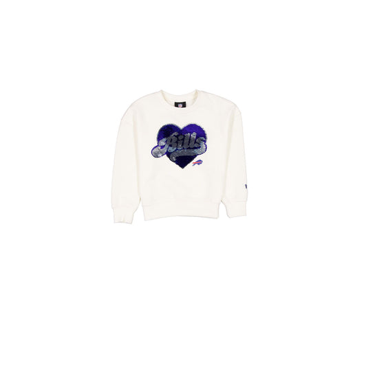 Buffalo Bills Girls Sequin Heart Chrome White Crewneck