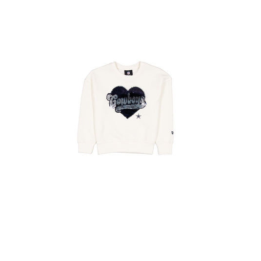 Dallas Cowboys Girls Sequin Heart Chrome White Crewneck