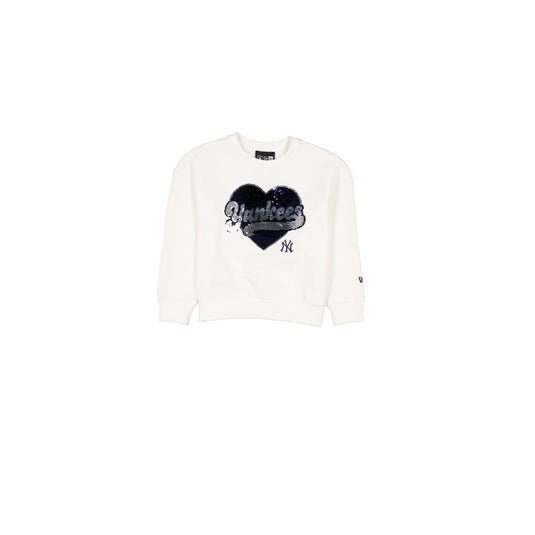 New York Yankees Girls Sequin Heart Chrome White Crewneck