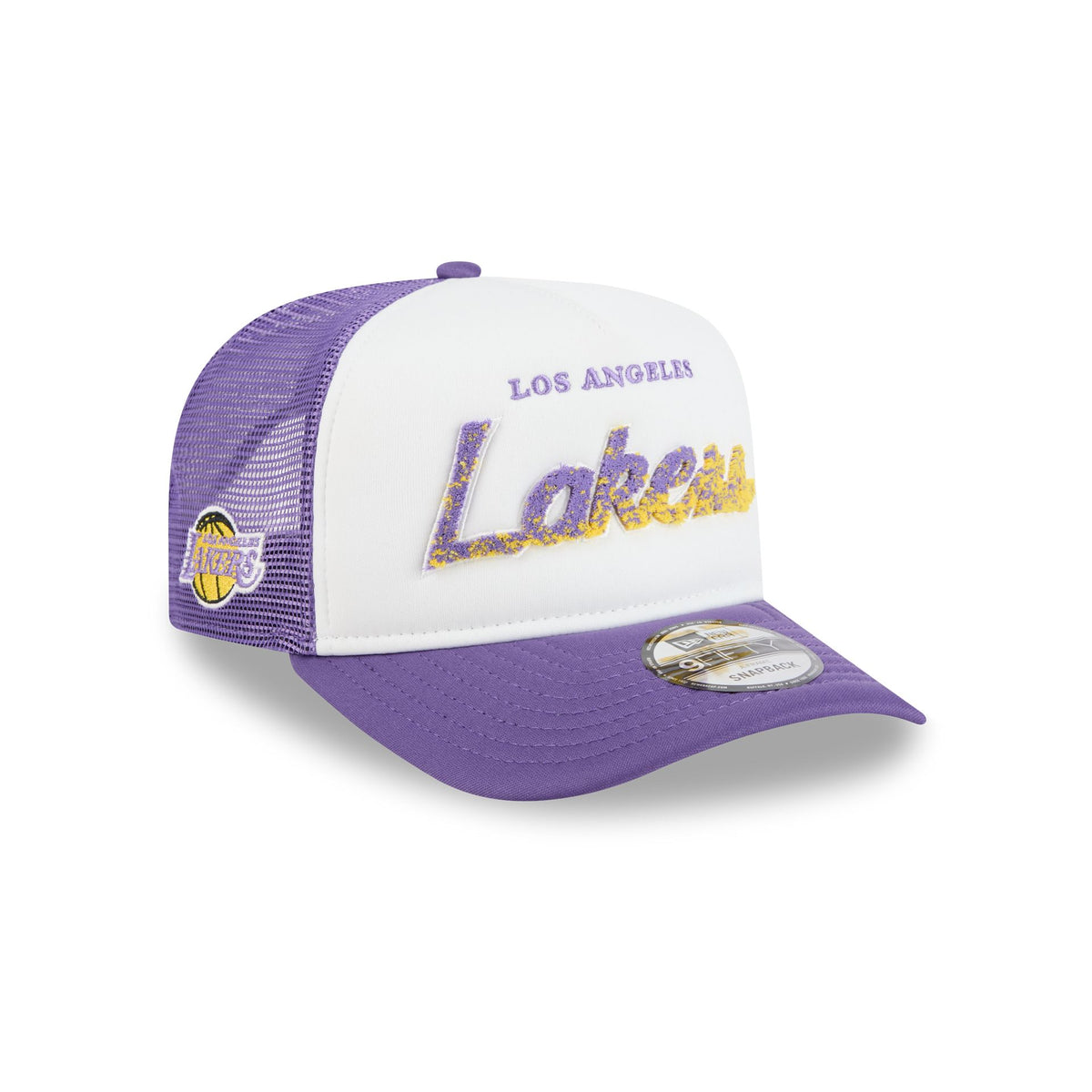 Los Angeles Lakers Fade Script 9FIFTY A-Frame Trucker Hat