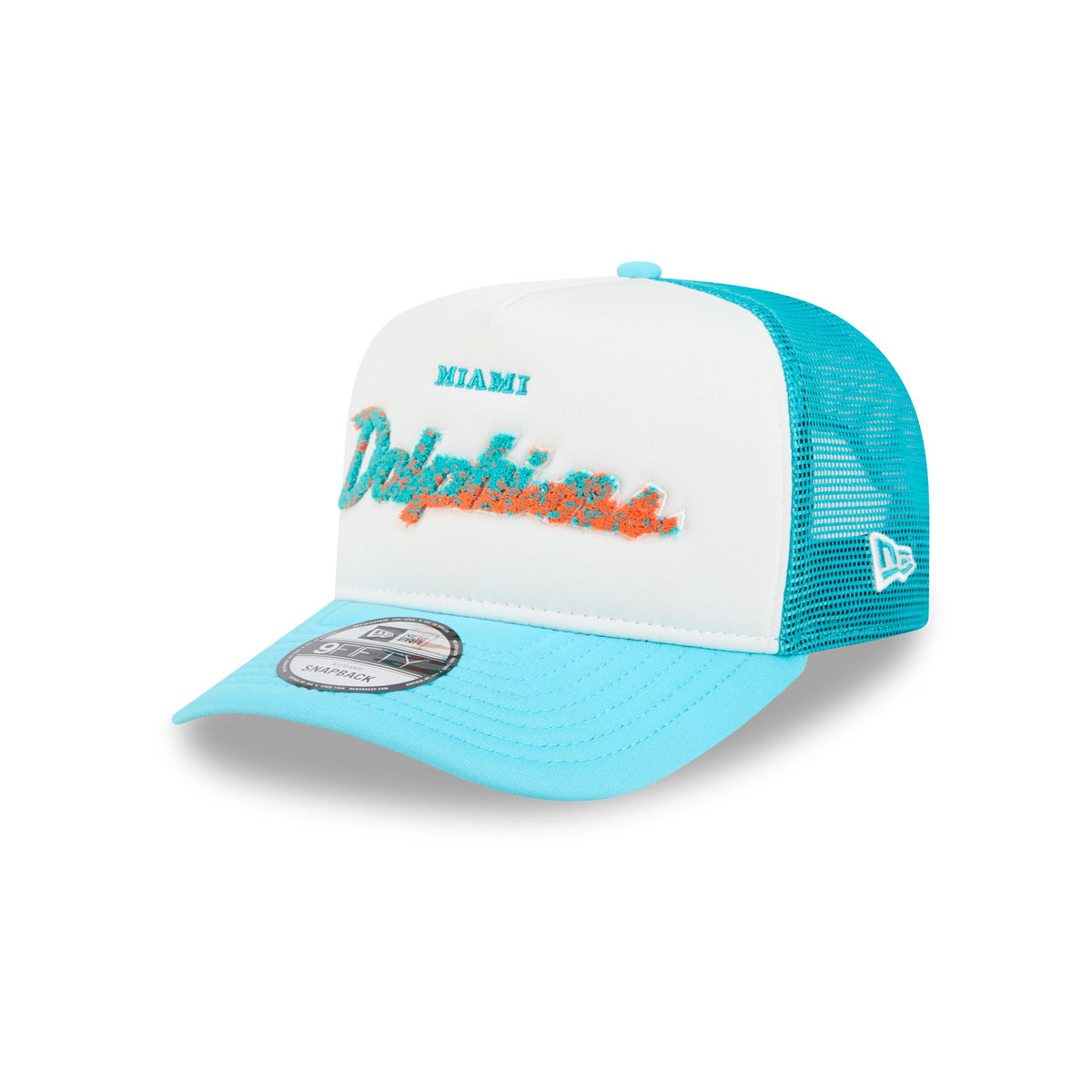 Miami Dolphins Fade Script 9FIFTY A-Frame Trucker Hat