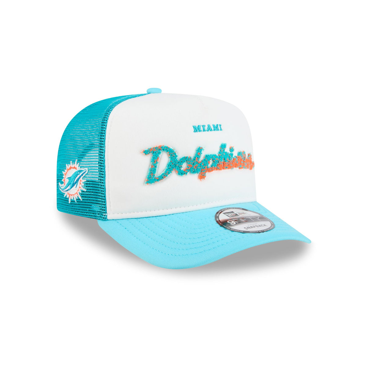 Miami Dolphins Fade Script 9FIFTY A-Frame Trucker Hat