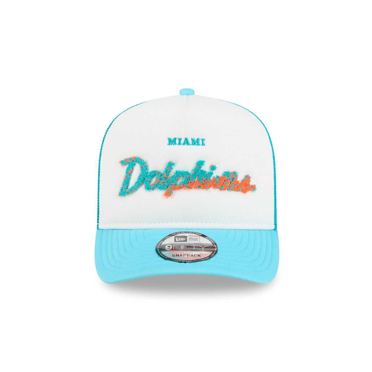 Miami Dolphins Fade Script 9FIFTY A-Frame Trucker Hat