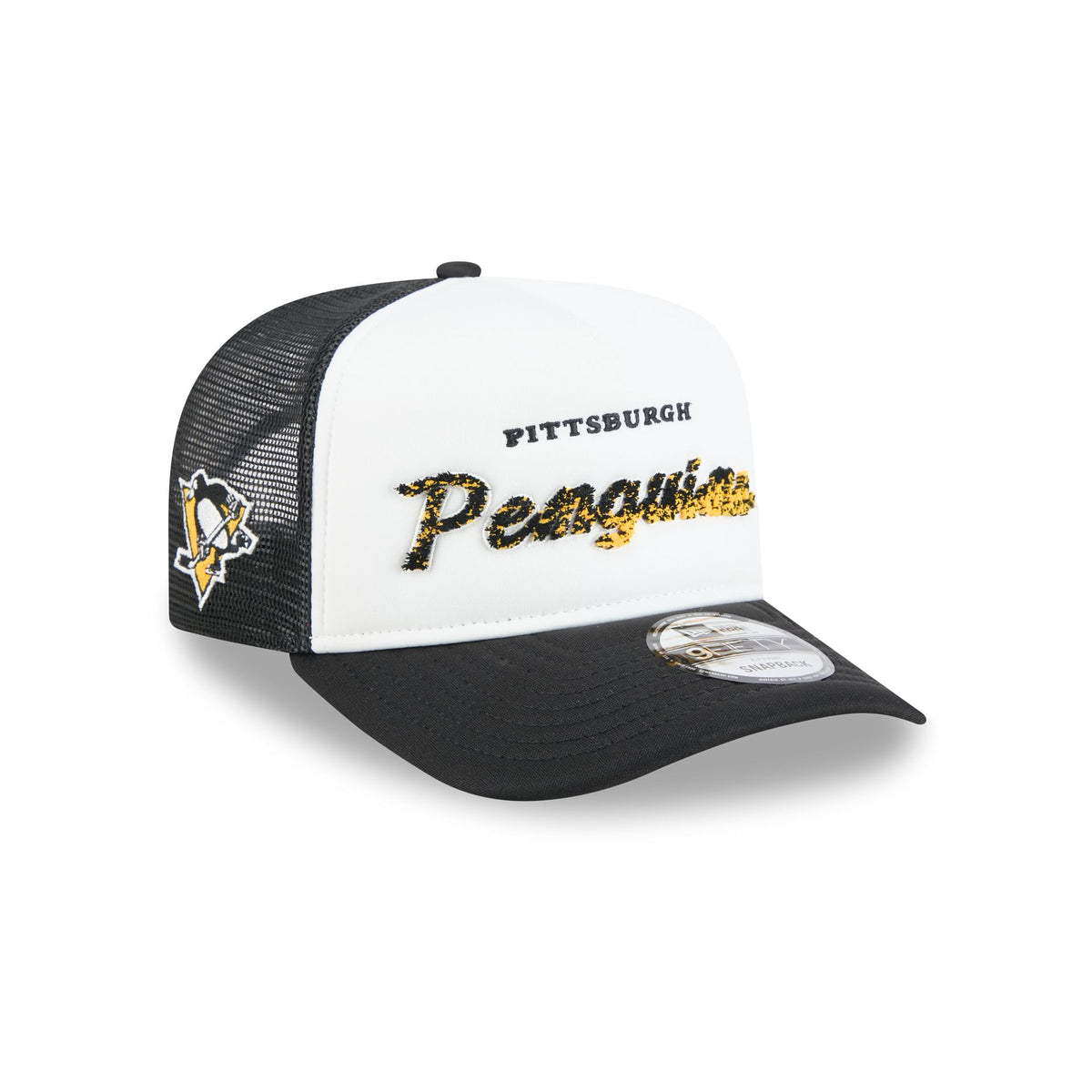 Pittsburgh Penguins Fade Script 9FIFTY A-Frame Trucker Hat