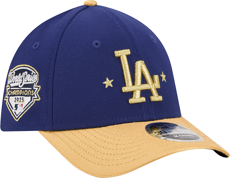 Los Angeles Dodgers Gold 2025 World Series Champions Sidepatch 39THIRTY M-Crown Stretch Fit Hat